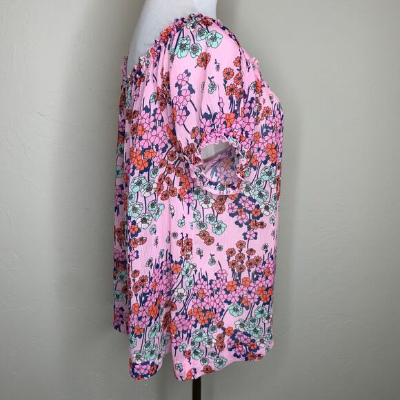 ModCloth Pink Floral Sheer Chiffon Blouse Sz Large Off Shoulder - Picture 4 of 8